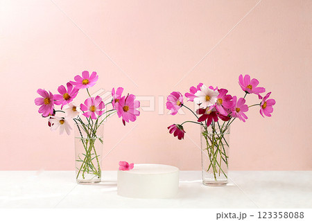 Abstract floral arrangement, empty podium for product and fresh chamomile flowers, stage for product display and business concept. Minimal modern aesthetics. elegant beauty concept, selective focus 123358088