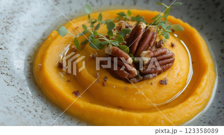 gourmet pumpkin spread with honey and pecans, haute cuisine plating, silky pumpkin puree swirled on fine porcelain plate, caramelized pecans, golden honey drizzle 123358089