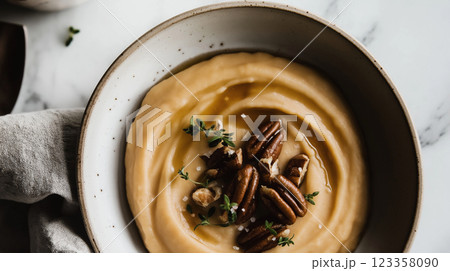 gourmet pumpkin spread with honey and pecans, haute cuisine plating, silky pumpkin puree swirled on fine porcelain plate, caramelized pecans, golden honey drizzle 123358090