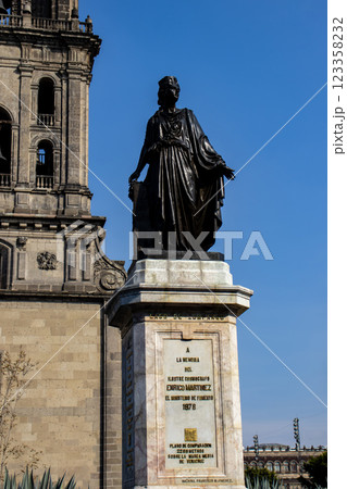 The Hypsographic Monument located next to the Metropolitan Cathedral of Mexico City in honor to Enrico Martinez built in 1881. 123358232