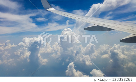 beautiful thick clouds in the sky from the height of the flight of the plane with a view of the wing with engines beautiful thick clouds in the sky from the height of the flight of the plane with a view of the wing with engines 123358265