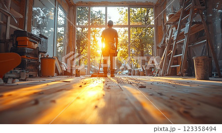 Worker observes sunset through large windows during home renovation in a bright, spacious room Worker observes sunset through large windows during home renovation in a bright, spacious room 123358494