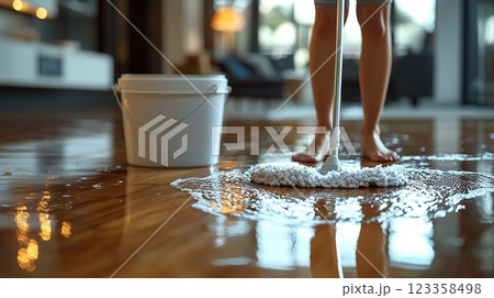 Person cleaning hardwood floor with mop in a modern living room during the daytime Person cleaning hardwood floor with mop in a modern living room during the daytime 123358498