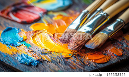 Close-up of paintbrushes and a colorful palette. Illustration of drawing lessons and painting art 123358523