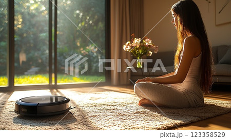 Woman meditates peacefully while robotic vacuum cleans in sunlit living room surrounded by plants and flowers Woman meditates peacefully while robotic vacuum cleans in sunlit living room surrounded by plants and flowers 123358529