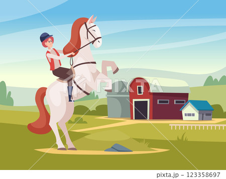 Equestrian. female happy sitting on white horse. cartoon background 123358697