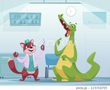 Crocodile at dentist. animal complaints of toothache. medical conceptual cartoon illustration 123358705