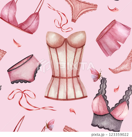 Seamless pattern with Pink purple underwear, women corset and lace socks. Watercolor illustration isolated on pink background. Perfect for wrapping paper, packaging in lingerie stores, web design 123359022