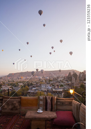 beautiful scenery flight of balloons in the mountains of Cappadocia in love valley 123359236