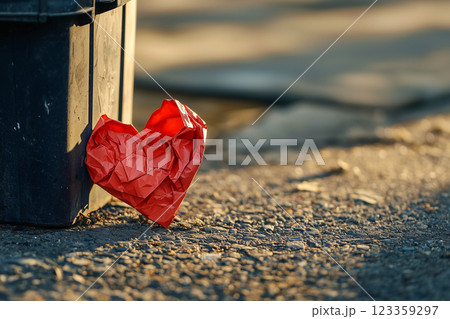 a piece of paper crumpled into a heart shape next to a trash can a piece of paper crumpled into a heart shape next to a trash can 123359297