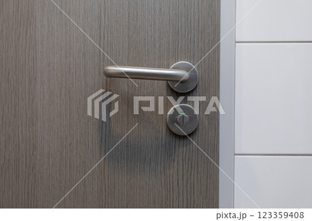 A sleek Modern Door Handle positioned on a Wooden Door within a stylish Contemporary Setting A sleek Modern Door Handle positioned on a Wooden Door within a stylish Contemporary Setting 123359408
