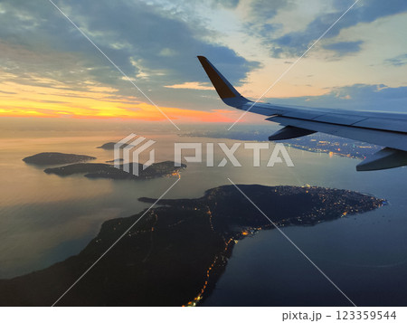 beautiful thick clouds in the sky from the height of the flight of the plane with a view of the wing with engines beautiful thick clouds in the sky from the height of the flight of the plane with a view of the wing with engines 123359544