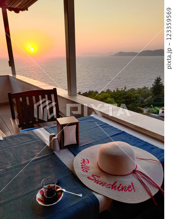 beautiful interior of a restaurant on the seashore 123359569