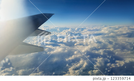beautiful thick clouds in the sky from the height of the flight of the plane with a view of the wing with engines beautiful thick clouds in the sky from the height of the flight of the plane with a view of the wing with engines 123359714