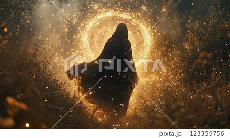 A mystical woman in a flowing black cloak stands in an enchanted forest under a starry sky. Soft golden and violet lights dance around her  123359756