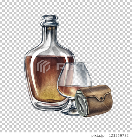 Cognac and a purse full of money. Handmade watercolor illustration is a vintage-style color image with a men's theme. A rich and well-off man. For banners, flyers, invitations, posters. 123359782