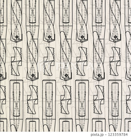 Mechanical engineering drawings on sepia background. Drill tools, borer. Technical Design. Cover. Blueprint. Vector illustration. Seamless pattern. 123359784