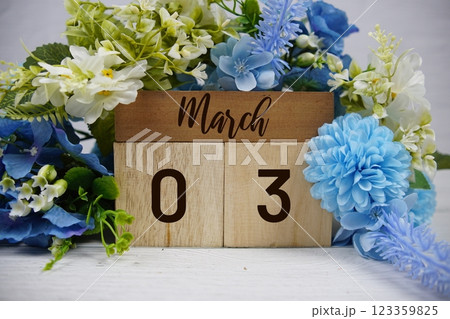 Wooden Calendar Showing the Date of March 3rd. Day 3 of March month 123359825