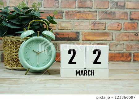 Wooden Calendar Showing the Date of March 22th. Day 22 of March month 123360097