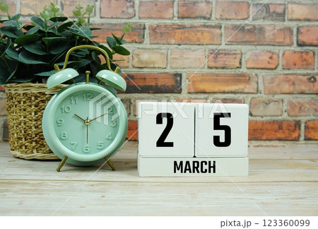 Wooden Calendar Showing the Date of March 25th. Day 25 of March month 123360099