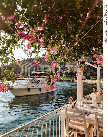 beautiful interior of a restaurant on the seashore 123360243