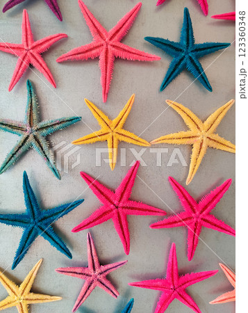 a composition of colored starfish on a gray background a composition of colored starfish on a gray background 123360348