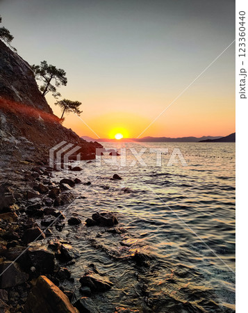 beautiful dramatic landscape of sunset on the sea beach 123360440