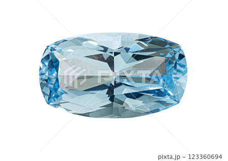 Aquamarine blue faceted oval cut stone mineral macro photography on white isolated background 123360694