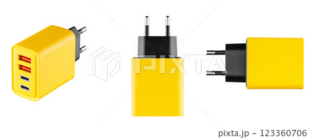 set adapter for charger with USB and Type C connector, yellow, on isolated or white background 123360706