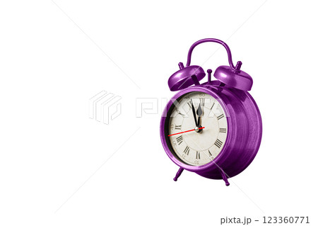 retro clock, watch, pointer clock, Pink color alarm clock on isolated white background retro clock, watch, pointer clock, Pink color alarm clock on isolated white background 123360771