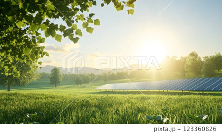 Bright sunlight illuminates solar panels in a rural landscape surrounded by lush greenery and distant mountains. Generative AI 123360826