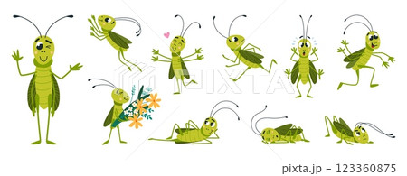 Funny grasshopper. Green grasshoppers run sleep play, falling in love and holding flowers. Garden insects cartoon characters, children mascots classy vector set 123360875