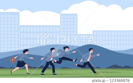 People run on work on city park. Urban garden location with buildings, office district with mountains and green valley. Business men and woman, vector scene 123360876