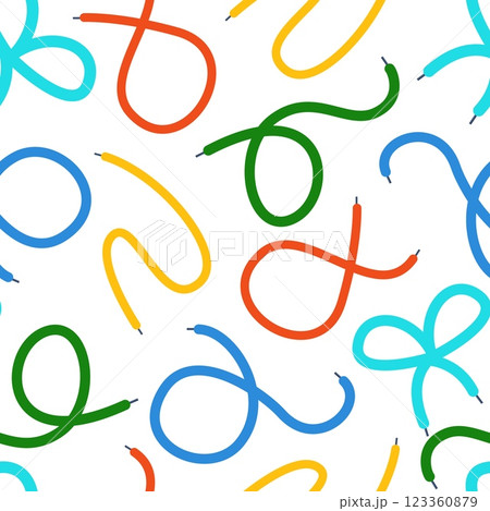 Shoelace seamless pattern. Flat simple shoelaces, ropes with bow. Abstract colorful print for fabric wrapping website backdrop. Nowaday vector background 123360879