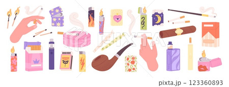 Cigarette and lighters elements. Smokers tools and equipments. Isolated cigar, vapes, tobacco, metal plastic lighter and matches, racy vector clipart 123360893
