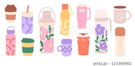 Reusable mug. Thermo mugs, thermos and tumbler for hot beverages. Takeaway crockery for coffee tea herbal drinks. Plastic metal racy vector cups 123360902
