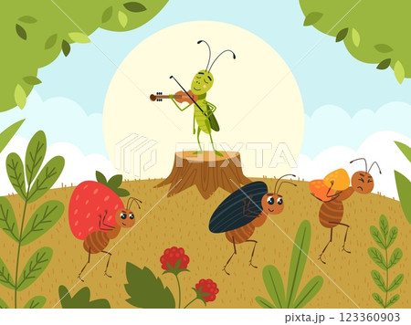 Grasshopper and ants. Cartoon grasshopper plays violin and ants work, carry food, and make supplies for winter. Insects in forest, children classy vector illustration 123360903
