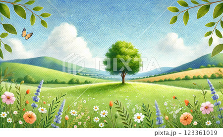 のどかな緑の丘とカラフルな草花が広がる優しい風景 のどかな緑の丘とカラフルな草花が広がる優しい風景 123361019
