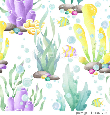 Seaweed, corals, tropical fish and colored pebbles, watercolor isolated seamless pattern. Hand drawn sea underwater illustration in yellow, lilac and green color for kids marine and nautical design. Seaweed, corals, tropical fish and colored pebbles, watercolor isolated seamless pattern. Hand drawn sea underwater illustration in yellow, lilac and green color for kids marine and nautical design. 123361726