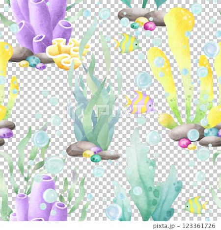 Seaweed, corals, tropical fish and colored pebbles, watercolor isolated seamless pattern. Hand drawn sea underwater illustration in yellow, lilac and green color for kids marine and nautical design. Seaweed, corals, tropical fish and colored pebbles, watercolor isolated seamless pattern. Hand drawn sea underwater illustration in yellow, lilac and green color for kids marine and nautical design. 123361726