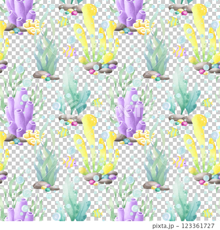 Seaweed, corals, tropical fish and colored pebbles, watercolor isolated seamless pattern. Hand drawn sea underwater illustration in yellow, lilac and green color for kids marine and nautical design. Seaweed, corals, tropical fish and colored pebbles, watercolor isolated seamless pattern. Hand drawn sea underwater illustration in yellow, lilac and green color for kids marine and nautical design. 123361727