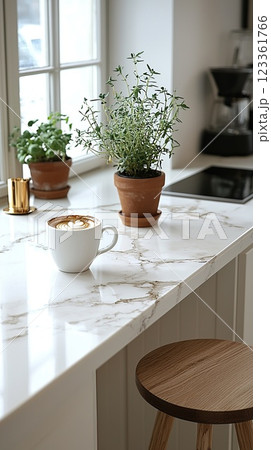 Cozy kitchen corner with coffee and fresh herbs on a sunny morning Cozy kitchen corner with coffee and fresh herbs on a sunny morning 123361766