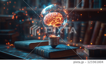 Brain inside a light bulb symbolizes creativity and knowledge in a cozy library setting with glowing elements 123361804