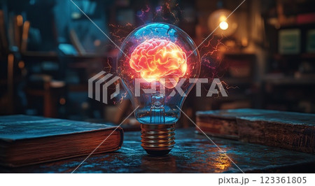 Creative brain light bulb representing ideas and innovation in a cozy study environment with vintage books 123361805
