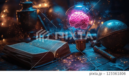 Illuminated brain concept on an ancient book with magical elements in a dimly lit study room 123361806