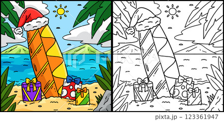 Christmas in July Surfboard with Hat Illustration  123361947