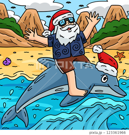 Christmas in July Santa Riding a Dolphin Colored  123361966