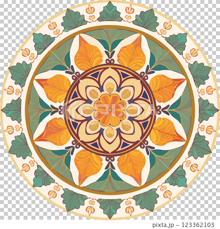 A vibrant mandala design featuring intricate floral patterns in shades of green, orange, and blue, radiating from a central circular motif 123362103
