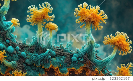Microscopic magnification of spreading and growing molds or mold fungus on organic tissue producing toxic poisons 123362197