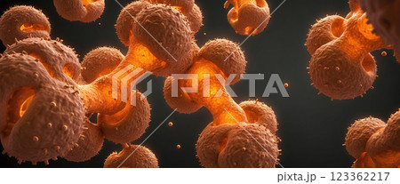 Illustrative microscopic close-up of a dividing cell of a microorganism, mitosis of a eukaryote cell, natural eukaryotic cell division, cancer cell 123362217